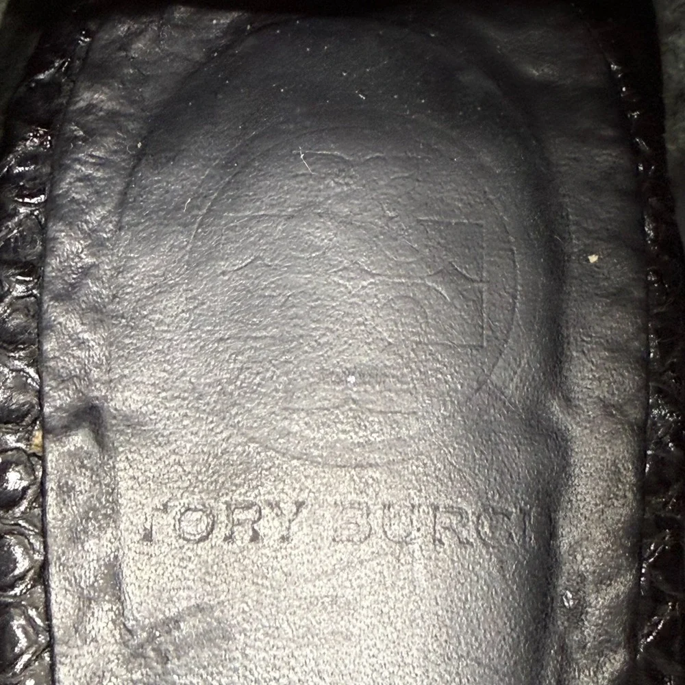 Tory Burch Reva Flats Black Womens 9 M Black Snake Embossed Gold Logo Office